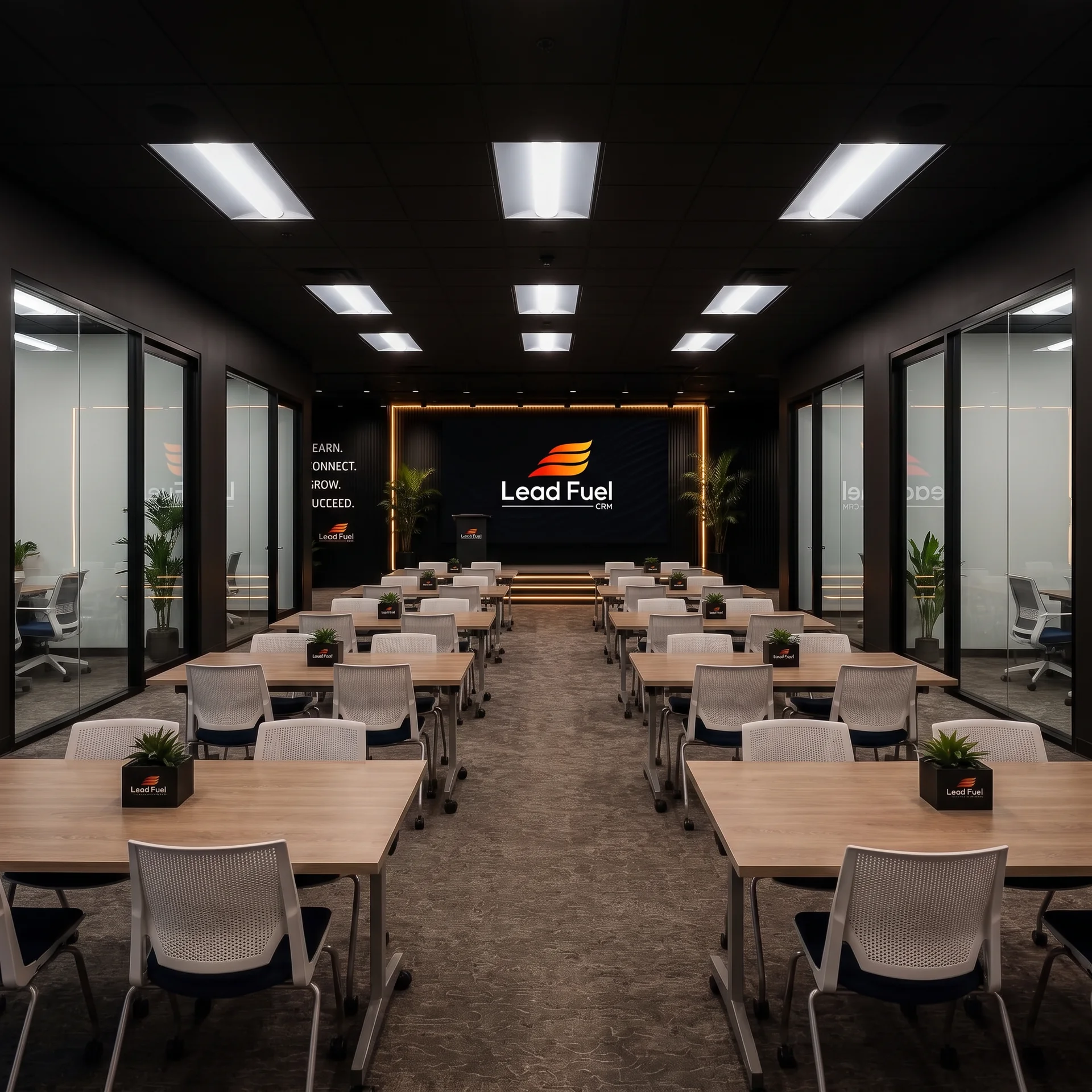 Event and training space at the Lead Fuel Business Center with private glass offices on both sides