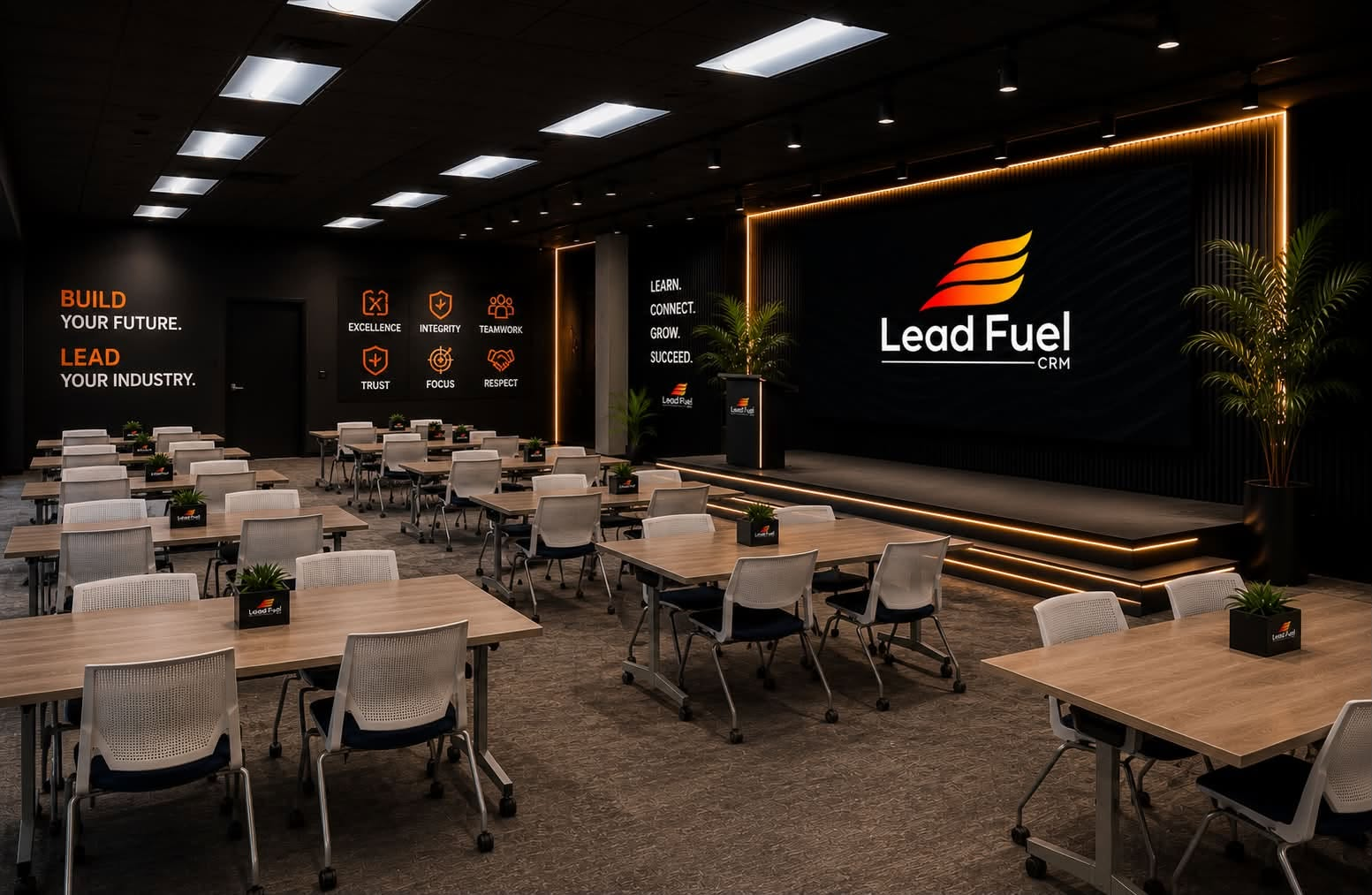 Main stage and coworking floor at the Lead Fuel Business Center in Royse City, TX